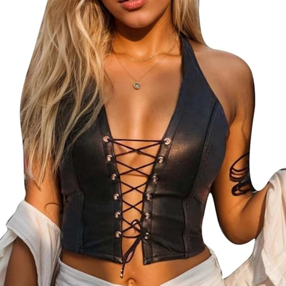 Sexy Damen Tank Top PU Leder Ärmelloses Top Halter Gekreuzt Träger Crop Top Y2K Rückenfrei Vorne Bindung Bustier Nasser Look Lingerie Bodycon