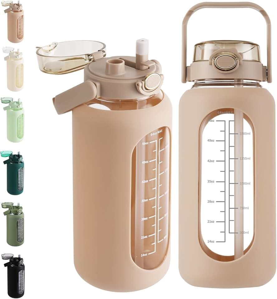 52 oz Glass Water Bottle with 2-in-1 Straw Lid Large Half Gallon Water Bottle with Time Marker & Removable Silicone Sleeve,Wide Mouth BPA-Free Borosilicate Bottle for Gym, Workout & Daily Use