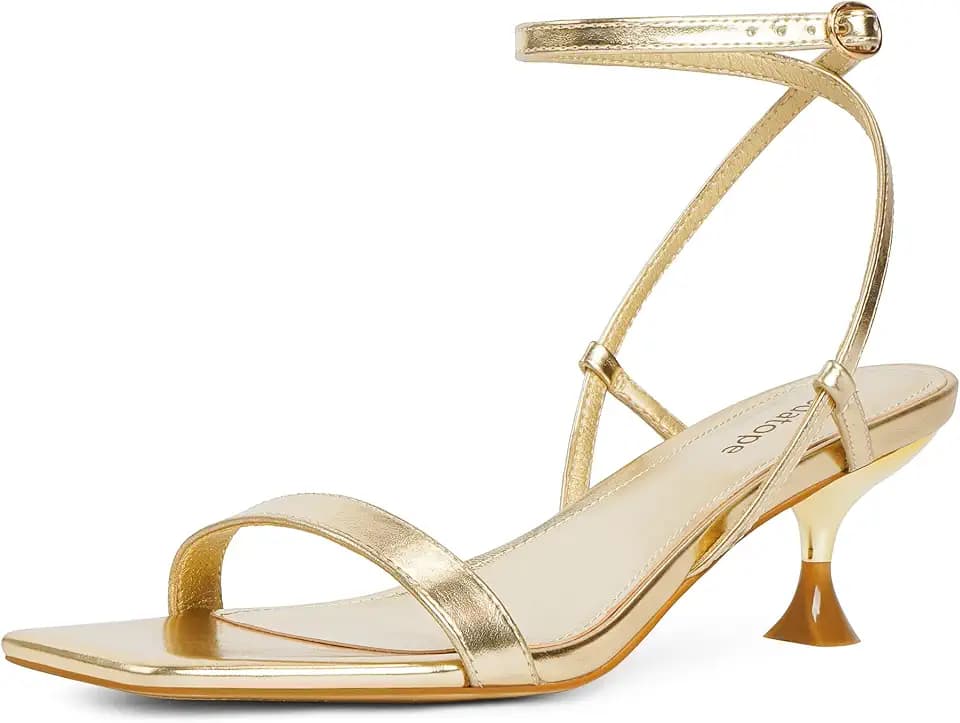 Modatope Gold Sandals with Ankle Strap Open Square Toe Kitten Heels Women Gold Metallic Heeled Sandals Size 10