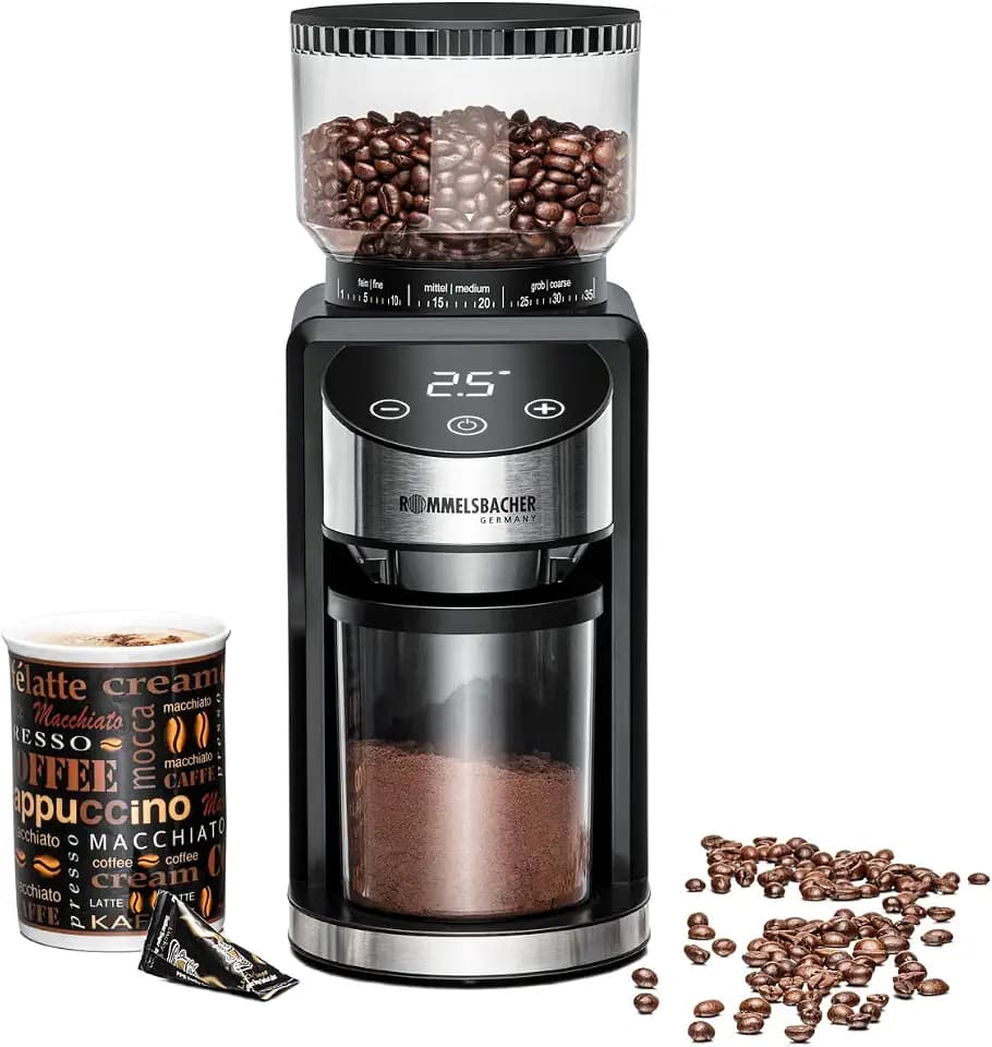 ROMMELSBACHER Kaffeemühle EKM 400 - Kegelmahlwerk, Antistatik-Funktion, 12 Portionen, Halterung für Siebträger, Mahlgrad in 35 Stufen, Bohnenbehälter 220 g, Pulverbehälter, 130 Watt
