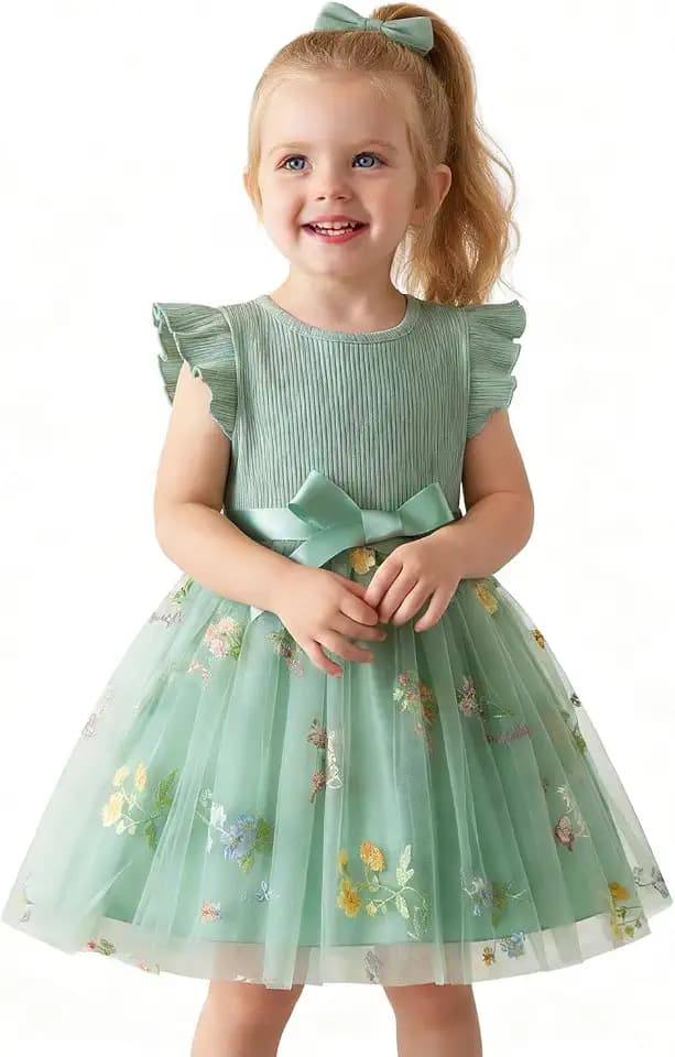 NNJXD Baby Mädchen Blumenstickerei Tüll Kleid Elegant Kleinkind Geburtstag Party Kleider