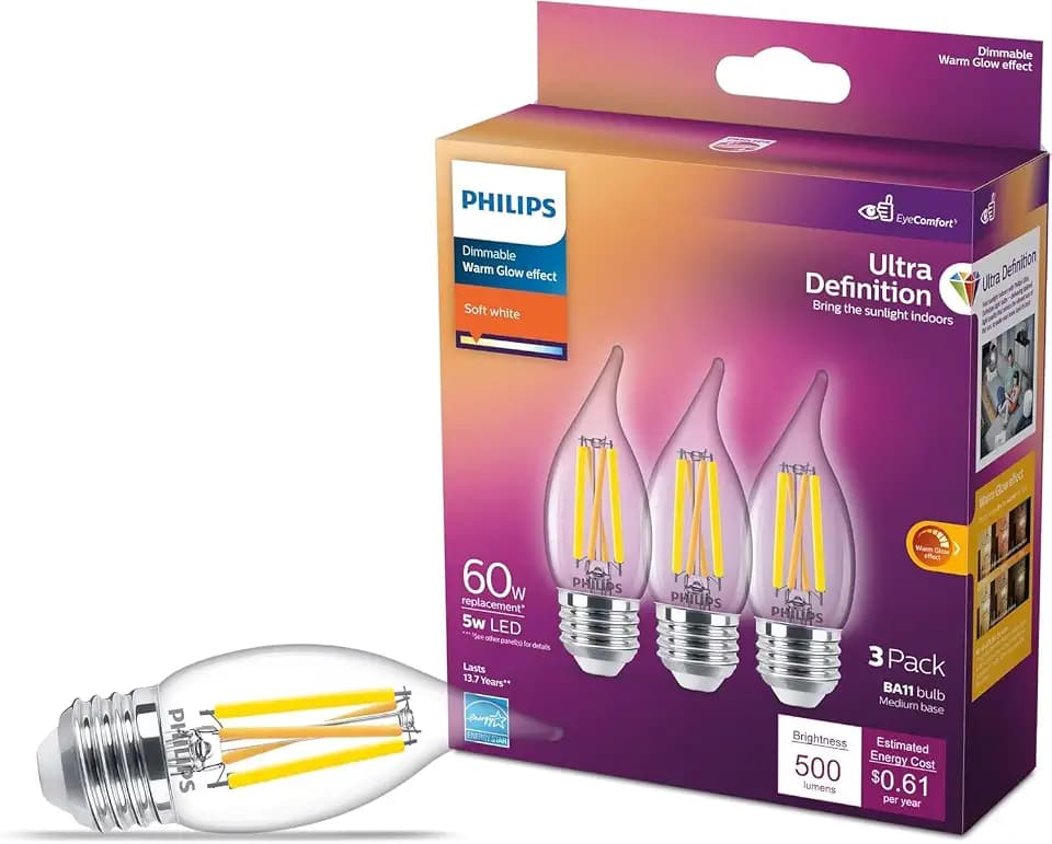 PHILIPS LED 60W BA11 E26 Base 3-Pack Ultra Definition Soft White (2700K) 500 Lumen (5W=60W) Dimmable Clear No Flicker Candelabra Light Bulbs