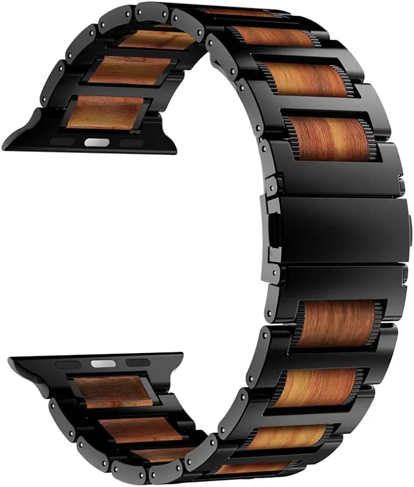 iiteeology Compatible with Apple Watch Band, Natural Wooden Steel Link Bracelet for iWatch Ultra 4/Ultra 3/ Ultra 2/ Series 12-1 49mm 46mm 45mm 44mm 42mm - Black