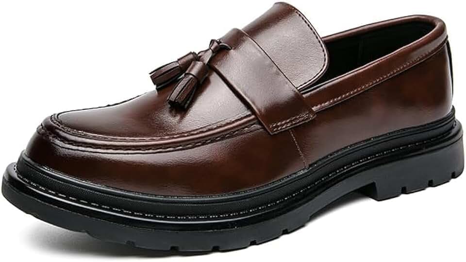 Men's Leather Tassel Platform Slip on Loafers Luxury Round Toe Lug Sole Non-Slip Dress Shoes Casual Low Block Heel Business Work Office Shoes