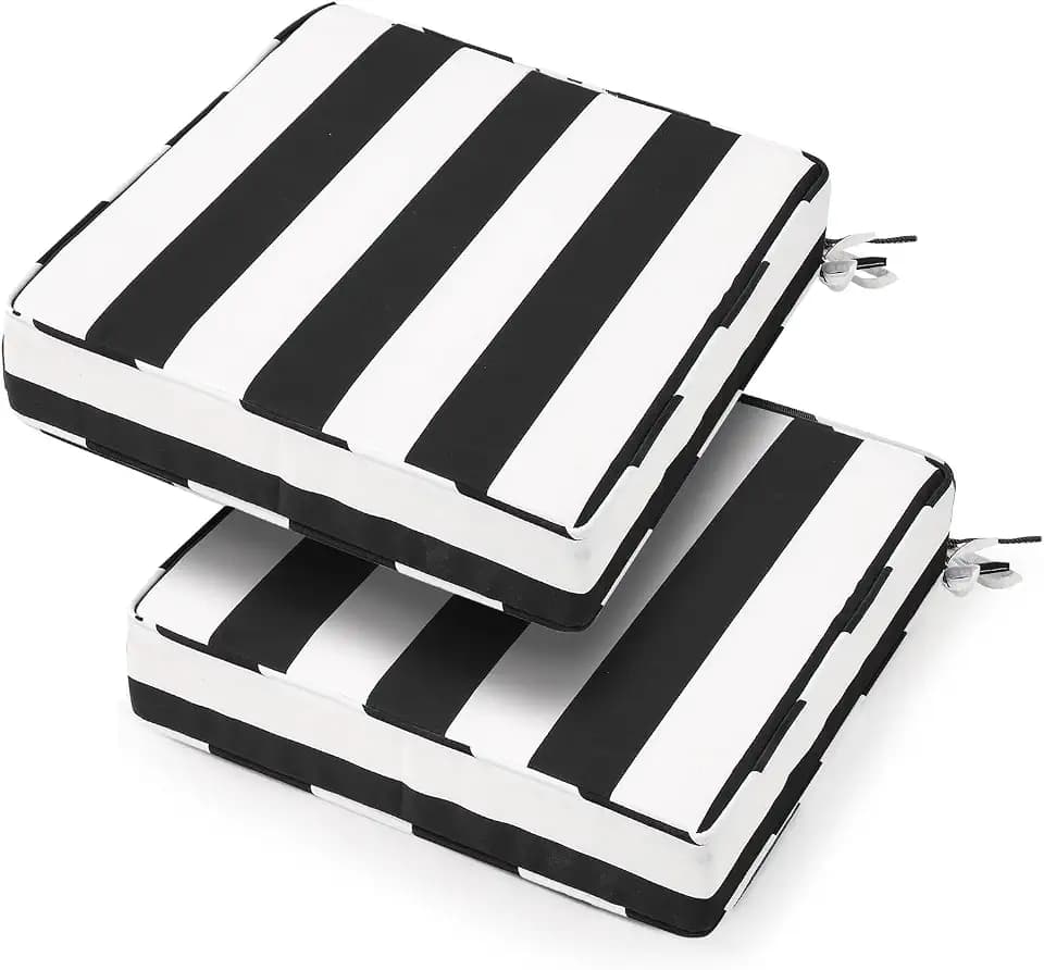 18x18x3 Inch Outdoor Square Corner Chair Cushions with Ties Set of 2, Water&Fade Resistant Thick Seat Cushion Pads for Garden Patio Dining Porch Furniture - Black White Striped