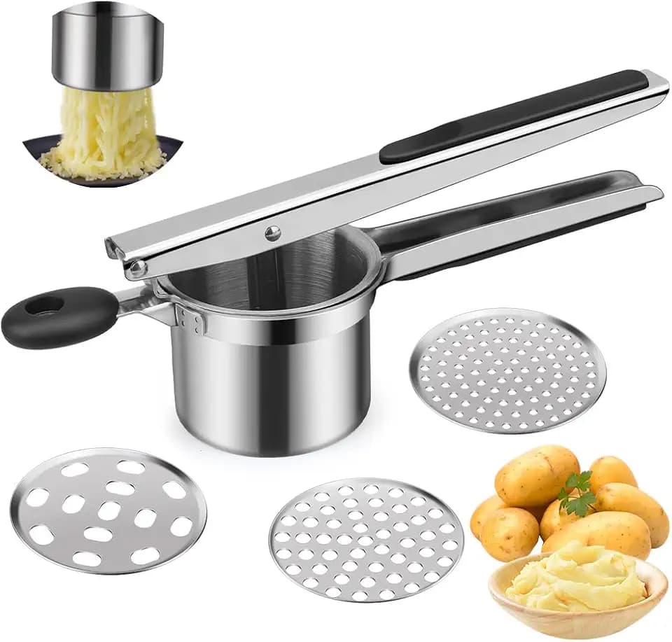 kartoffelpresse edelstahl,Kartoffelpresse für Kartoffelbrei, Gemüsebrei, mit 3-Loch-Scheibe, ergonomischem Design und Silikongriff