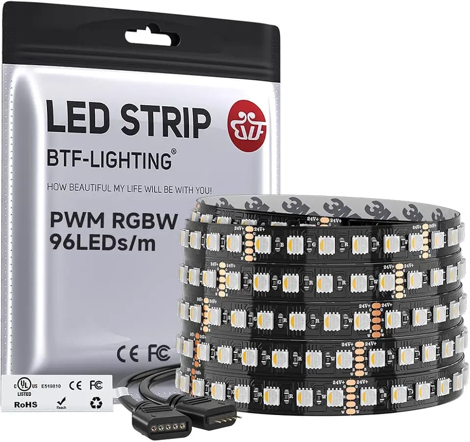 BTF-LIGHTING RGBW LED Strip 16.4ft/5m 96LEDs/m 24V DC,Warm White,IP30 12mm
