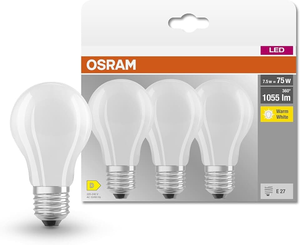 Osram LED-Lampe, Sockel: E27, Warm weiß, 2700 K, 7,50 W, Ersatz für 75-W-Glühbirne, matt, LED BASE CLASSIC A, 3er-Pack