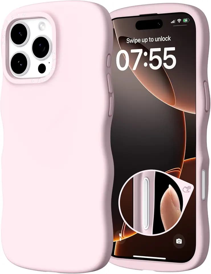 ORNARTO for iPhone 16 Pro Case 6.3", Wavy Liquid Silicone Shockproof Drop Protection Cover with Camera Control Button, Skin-Friendly Microfiber Lining – Chalk Pink