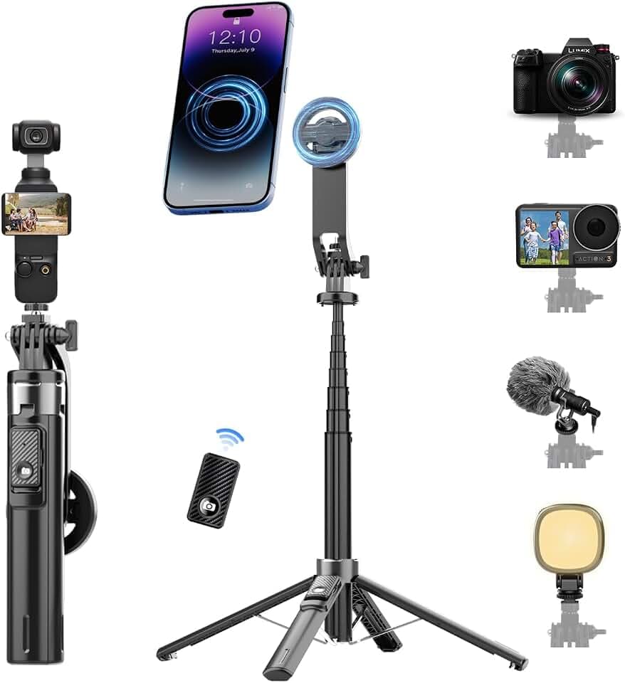 Magnetic Phone Tripod 53" Portable Selfie Stick for iPhone MagSafe GoPro Action Cameras with Rechargeable Remote Compatible with Android Travel Vlogging Live Streaming Content Creators
