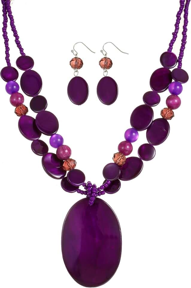 Big Oval Gemotric Pendant Necklace for women Double Strand Colorful Beads Statement Necklace and Earrings Set Fashion Jewelry Gifts