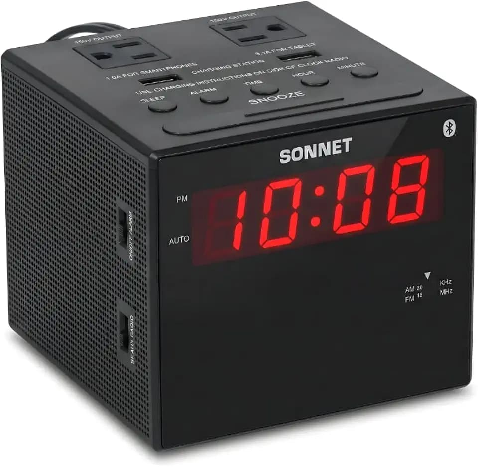 Sonnet Digital Alarm Clock Radio with Charging Station, Bluetooth AM/FM Radio for Bedroom, 2 AC Outlets & 2 USB Charging Ports, LED Display, Snooze, AUX Input, Battery Backup – by Ken-Tech