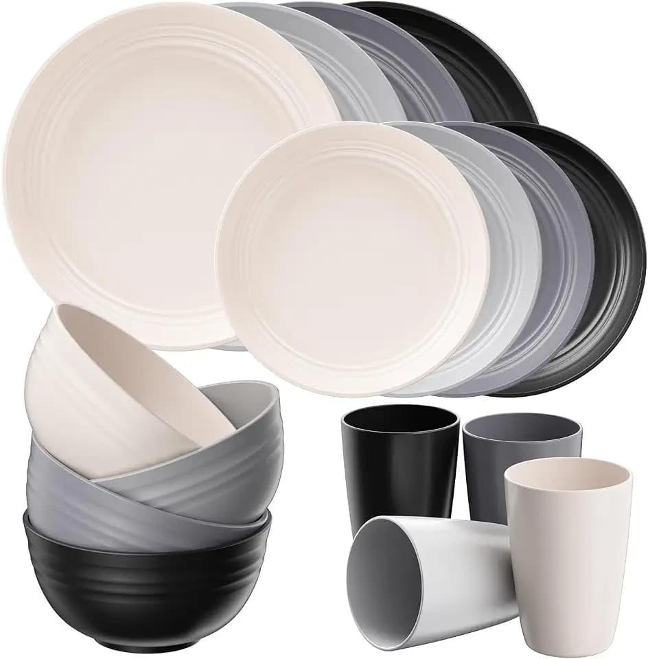 Quatish 16 Pcs Plates and Bowls Sets, Plastic Dinnerware Sets for 4, Grey