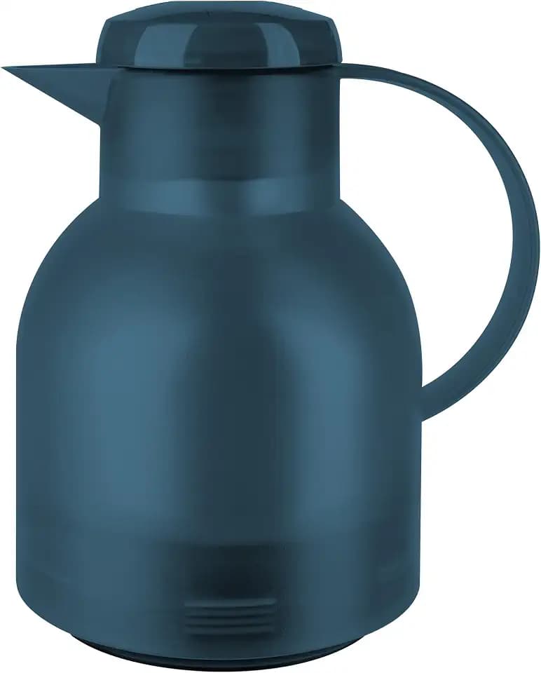 Emsa Samba Isolierkanne, 1 Liter Fassungsvermögen, Quick Press Verschluss, 100% dicht, 12h heiß und 24h kalt, mit Glaskolben, made in Germany, Transluzent/Ozeanblau, N4015900