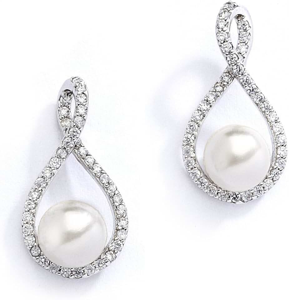 Mariell Pearl Drop Earrings with Cubic Zirconia Crystals For Brides, Weddings, Mother's Day Jewelry Gift