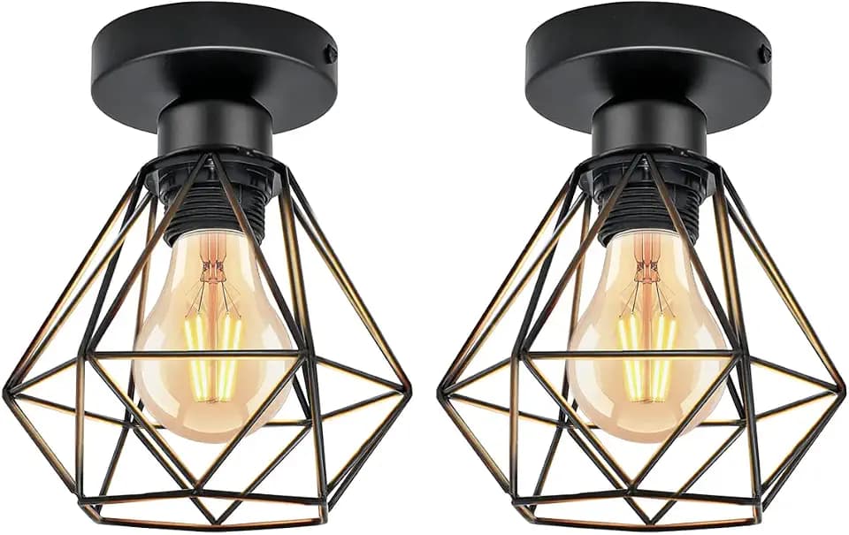 Pendelleuchte Deckenleuchten Retro Hängelampe Drahtleuchte, E27 Eisenkäfig Max 40 W, Ø 16 cm, Vintage Lampenschirm Innenbeleuchtung für Flur Studie Küche Büro Schlafzimmer, Schwarz, 2 Stücke