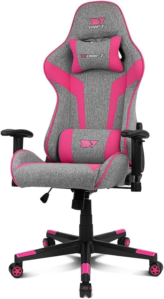 DRIFT GAMING DR90 – Ergonomischer Gaming-Stuhl mit Kopf- und Lendenstütze, 135° neigbare Rückenlehne, 2D-verstellbare Armlehnen, atmungsaktiver Stoff, Nylonbasis und Gasfeder Klasse 4, grau/rosa