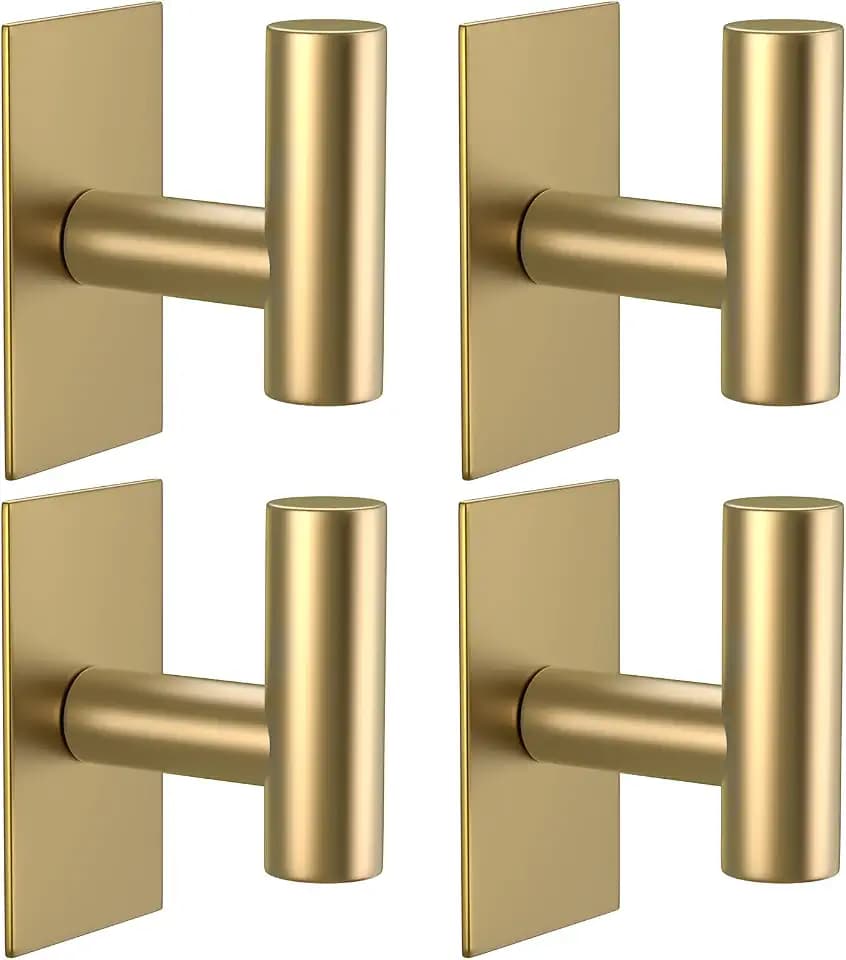 VAEHOLD Wall Towel Hooks, Heavy Duty Sticky Holder Waterproof Towel Hooks for Hanging Coat, Clothes, Closet Hook Wall Mount for Kitchen (Gold, 4 Pack)