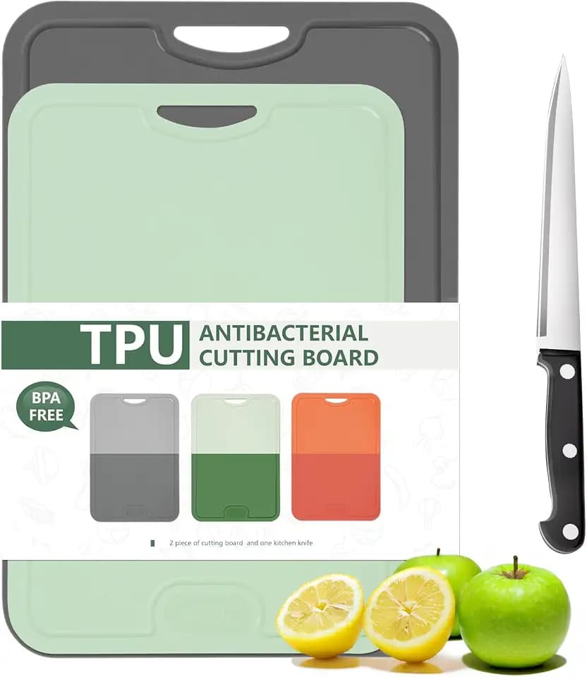 Gintan 2 Pack Flexibles TPU Schneidebrett, BPA-frei, mit Messer- und Saftrille, kratzfeste flexible Schneidebretter für die Küche, spülmaschinenfest, griffiger Griff, rutschfest (Grau+Green)