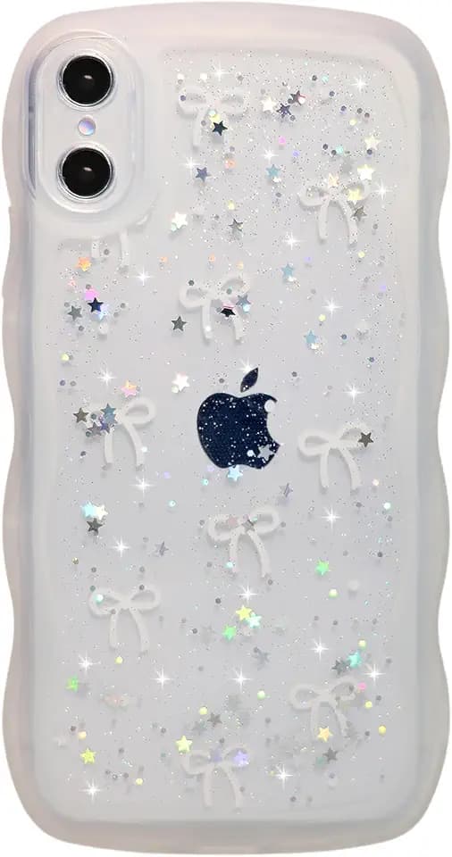 Qokey for iPhone X/Xs Case, Glitter Star & Curved Edge Handle Grip Design, Military-Grade Shockproof Clear TPU Cover, Sparkle Protection Scratch-Resistant, Holographic Clear Bow