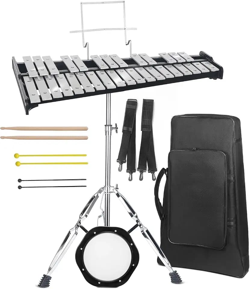 Professional 32 Note Glockenspiel Xylophone Bell Kit for beginner :Muted Practice Pad Percussion Kit for Adult, with Three Types of Drumsticks, Adjustable Stand&Carrying Bag