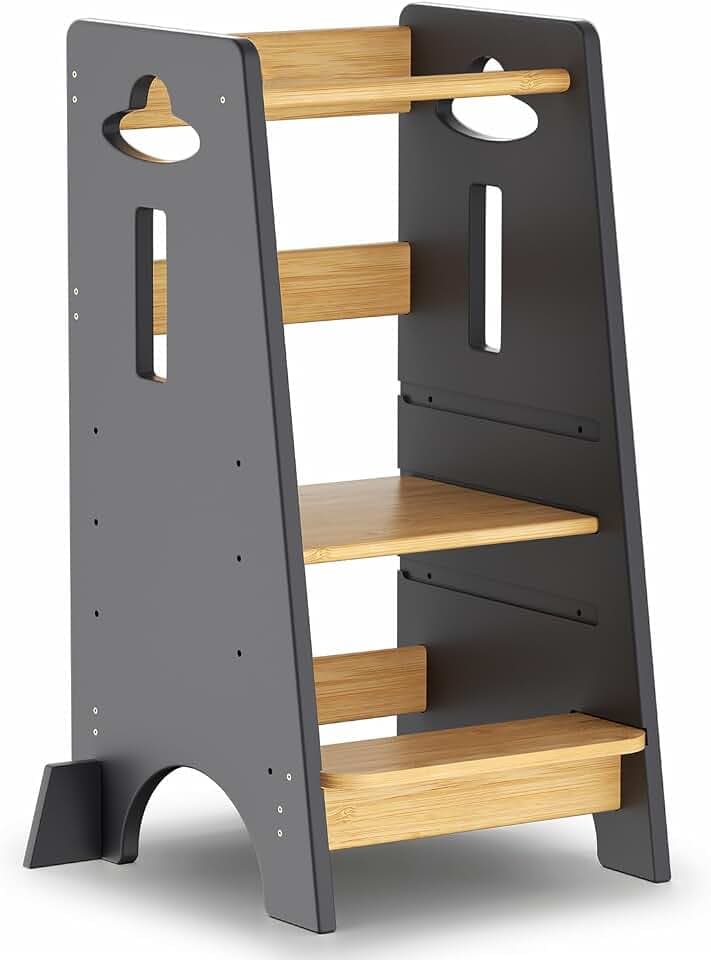 COSYLAND Lernturm ab 1 Jahr - Höhenverstellbarer Learning Tower für Kinder (3-stufig) - Montessori mit Kippschutz & Massivholz (Dunkelgrau und Holz)