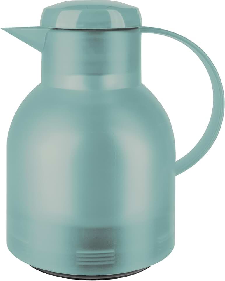 Emsa Samba Isolierkanne, 1 Liter Fassungsvermögen, Quick Press Verschluss, 100% dicht, 12h heiß und 24h kalt, mit Glaskolben, made in Germany, Transluzent/Puder-Grün, 505719