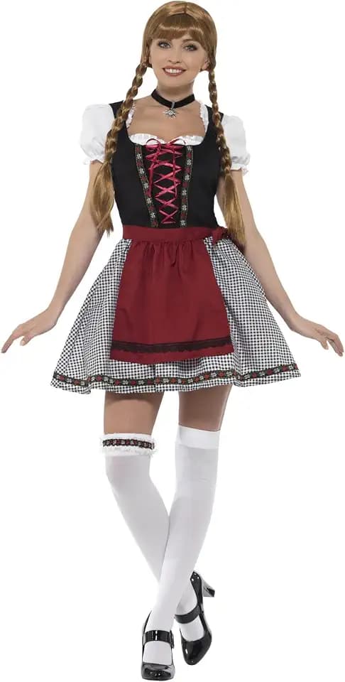 Smiffys Flirty Fräulein Bayerisches Kostüm, Schwarz mit kurzem Kleid, Mock Suede Mieder, Oberteil & Schürze, Oktoberfest Fasching, Erwachsene Dress Up Kostüme