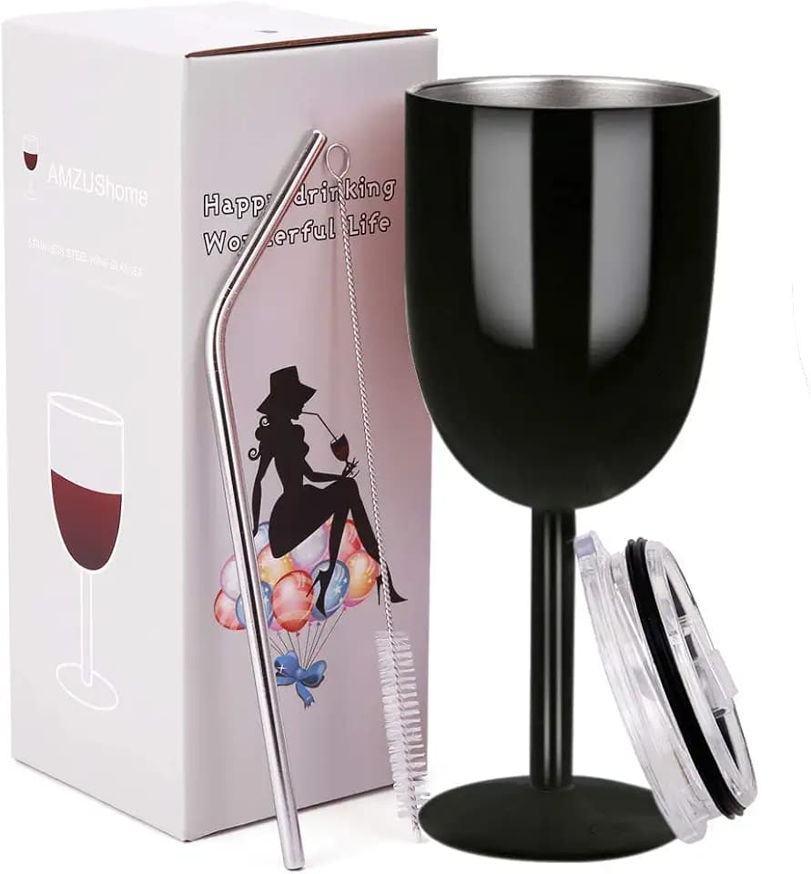 AMZUShome Stainless Steel Wine Glasses Cups.Double Walled Vacuum Insulated Wine Tumbler With Lid and Straw.Friendship,Christmas,Birthday Gifts for Women Men Friends Dad Mom(10oz Black)