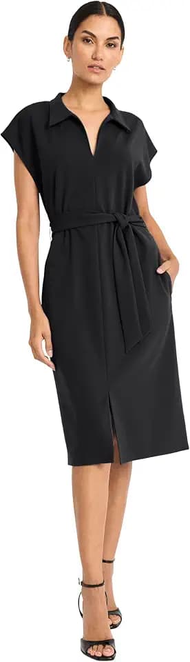 Maggy London Women's Women's Midi Length Cap Sleeve Shirt Dress with Pockets - Self Tie Belt - Business Casual Work Dress