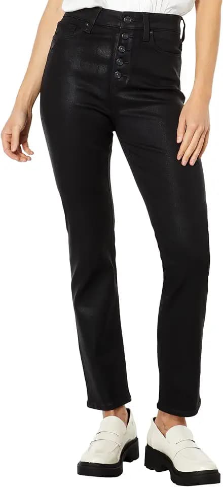 PAIGE Women's Flaunt Accent Ultra High Rise Straight Leg Waist to Hip Ratio in Black Fog Luxe Coating