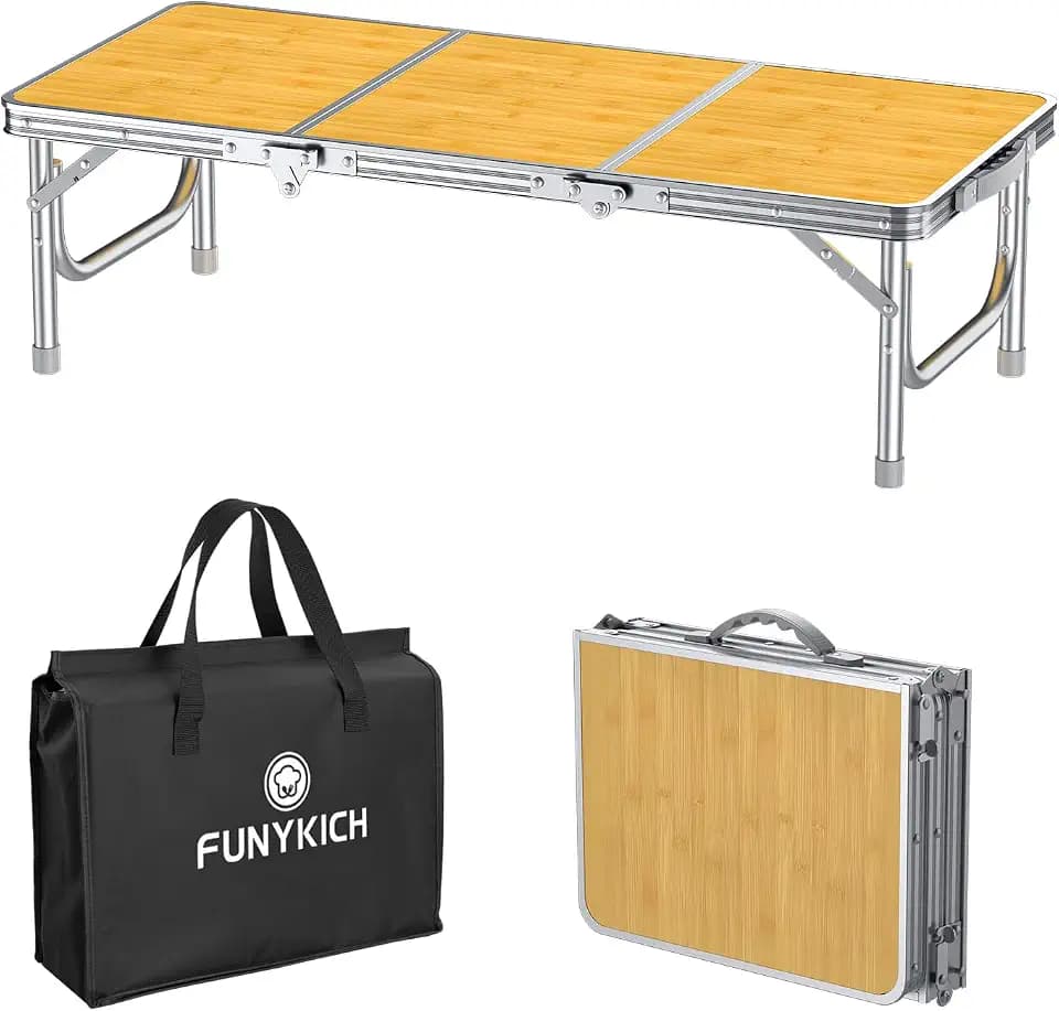 FUNYKICH 3ft Low Folding Camping Table with Carry Bag, 34.2'' Lx15.7'' W Portable Picnic Tables, Lightweight Thicker Aluminum Beach Table with Carry Handle for Beach, Camping, Picnic, Yellow