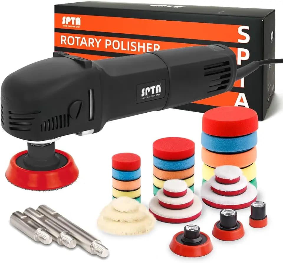 SPTA Mini Polishing Machine Buffer Rotary Polisher Auto Detailing Superpolish with 27Pcs Detail Polishing Pad Mix Size Kit Buffing Pad and 75mm ,100mm,140mm M14 Thread Extension shaft