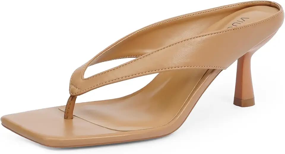 VIUGJNEX Women's Square Toe Thong Kitten Heel Sandal, Nude, 8