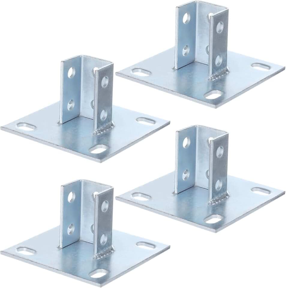 4 PCS Strut Post Bases, 4 Slotted Holes U Post Base for 1-5/8 Inches Square Single Channel, 5.7 x 5.7 Inches Large Panel Anti-Tilt Ground Bracket, Heavy Duty Galvanized Carbon Steel Floor Post Base