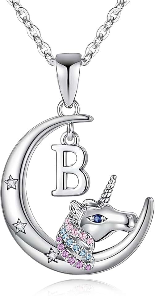 TINGN Einhorn Kette Geschenke für Mädchen, 14K Weißgold Vergoldet Einhorn Kette Halbmond Halskette Mädchen Bunte CZ Einhorn Buchstaben Kette Einhorn Schmuck Einhorn Geschenke für Mädchen Kinder