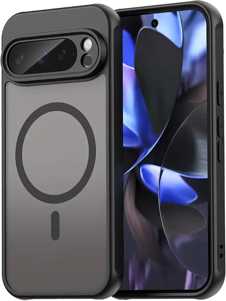Yanjieer ESONG Magnetisch Handyhülle für Google Pixel 9 Pro Kompatibel mit MagSafe, Dünn Transluzente Militär Stoßfeste Rückseite SchutzHülle, Kameraschutz Durchscheinend Matte Case Schwarz