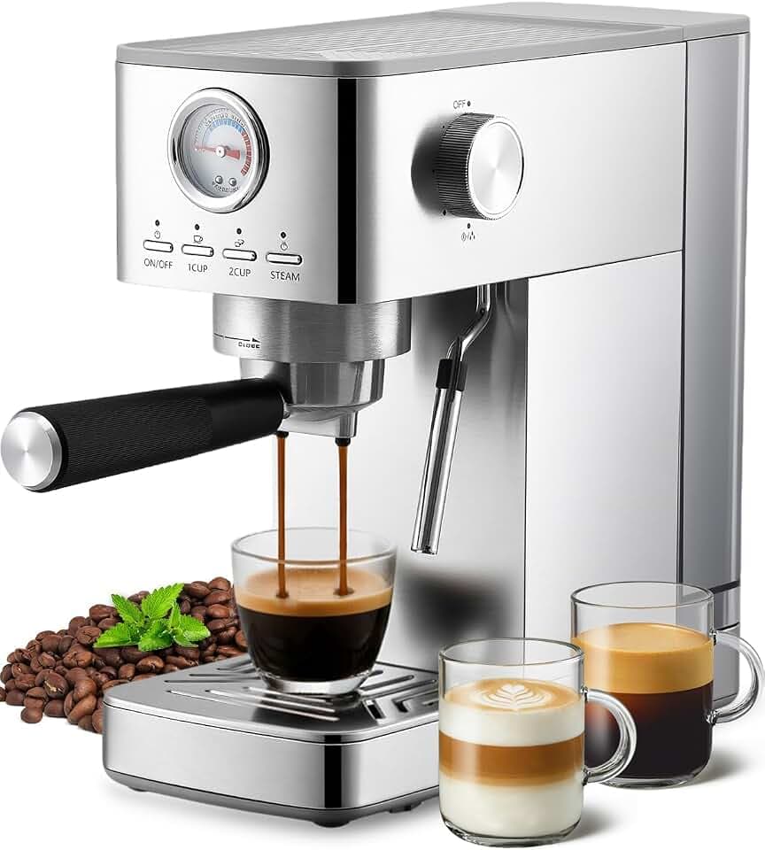 HAUSPROFI Siebträgermaschine, Espressomaschine 15 Bar, Sichtbares Manometer, 1,4L Wassertank, Klein Kaffeemaschine Espresso für Cappuccino, Latte & Macchiato, Silber
