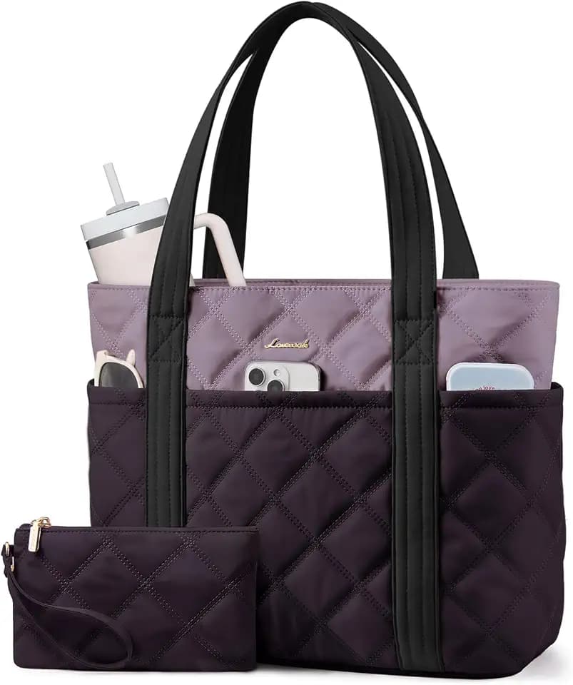 LOVEVOOK Puffer Tote Bag for Women, Puffy Work Handbag with Cup Holder, Travel Carry On Bag with Zipper for Teacher Nurse Gym