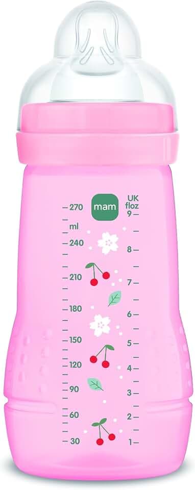 MAM MAM Easy Active, 2-4 Monate, 270 ml, mit Sauger 2 mit mittlerem Durchfluss aus Silikon, leicht zu halten, leicht zu reinigen, leuchtendes Rosa, 1 Stück