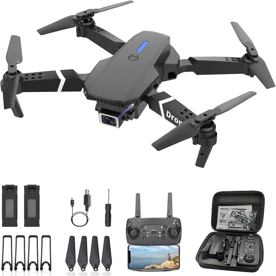 ikaufen E88 Drone No screen control, Camera for Adults RC Drone With 720P HD Dual Camera WiFi FPV Foldable Quadcopter Aircraft +2 Battery (E88 No screen control+ 2 Battery)