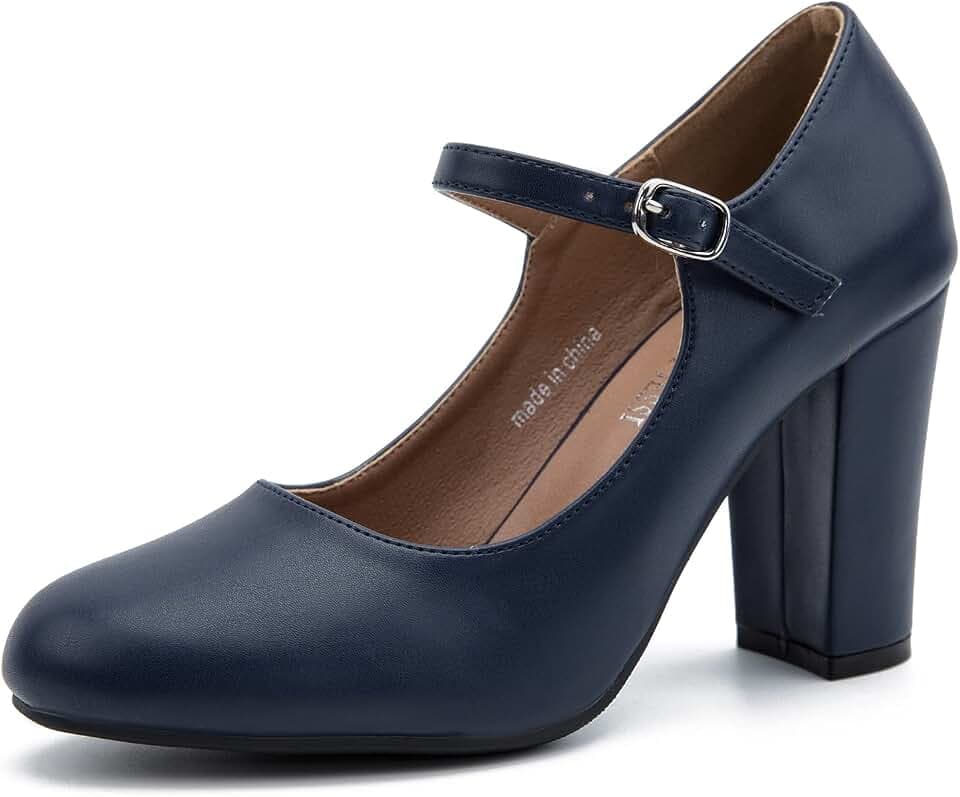 MAIERNISI JESSI Women's Mary Jane Pumps, Closed Round Toe, Block Heel with Ankle Strap Buckle, 3.54 Inch High Heel