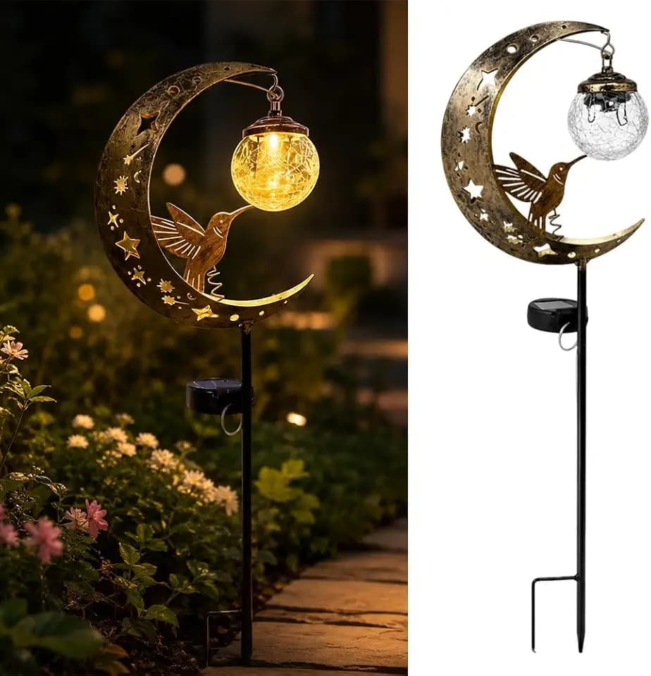 Hummingbird Moon Solar Garden Stake Light Waterproof Half Moon LED Pathway Decor Crackle Hanging Glass Globe Ball Metal Crescent for Outside Yard Patio Lawn Outdoor Decor
