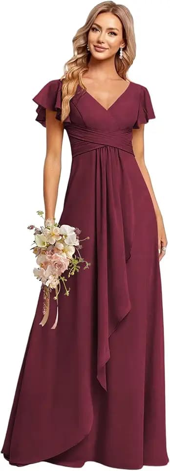 CuteMe Ruffle Sleeve Bridesmaid Dresses for Women Long V Neck Chiffon Long Formal Evening Dress with Pockets CC030