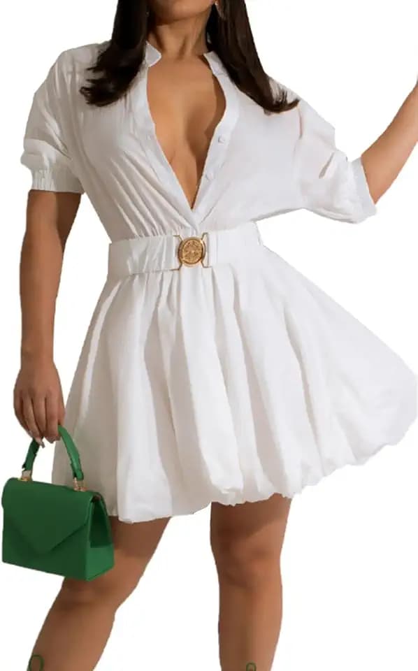 ENOPINK Puff Sleeve Dress for Women Sexy V Neck Mini Dress with Belt