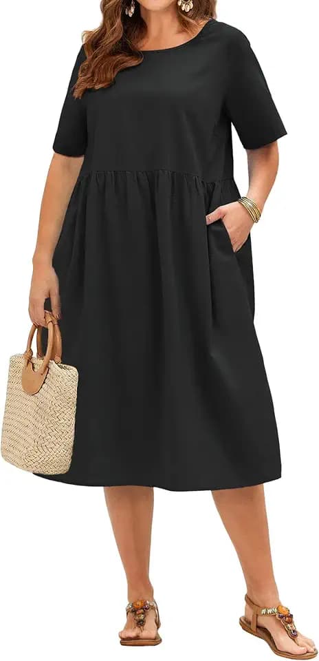 IN'VOLAND Plus Size Cotton Linen Dresses for Women Short Sleeve Summer Midi Dress with Pockets