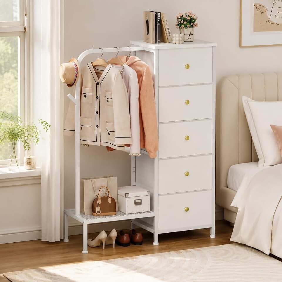 Trironsun Schmaler Stoffkommode mit 5 Schubladen und Kleiderstange kleiderschrank mit Hängeregal umkehrbar montierbar platzsparender Kleiderschrank für Schlafzimmer
