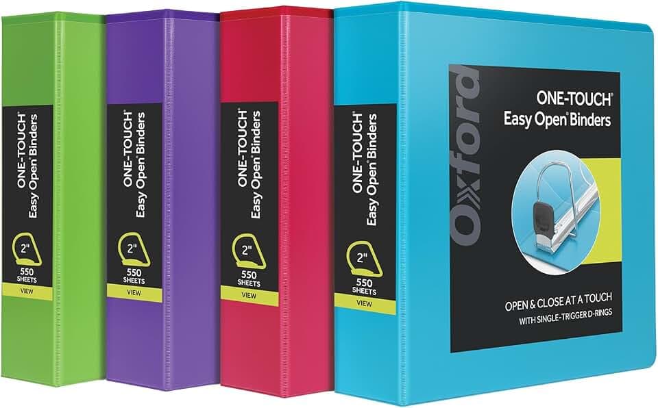 Oxford 2 Inch Binders, 4 Pack, 3 Ring Binder, ONE-Touch Easy Open D-Rings, Holds 530 Sheets, Non-Stick, PVC-Free, Three Ring Binders for Organization and Presentations, Assorted Colors