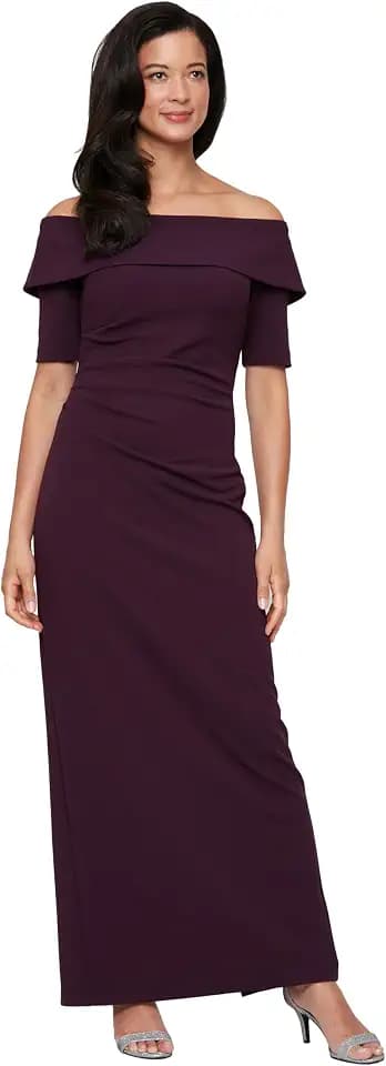 Alex Evenings Women's Stretch Crepe Off The Shoulder Dress with Foldover Cuff Neckline and Elbow Sleeves, Floor Length
