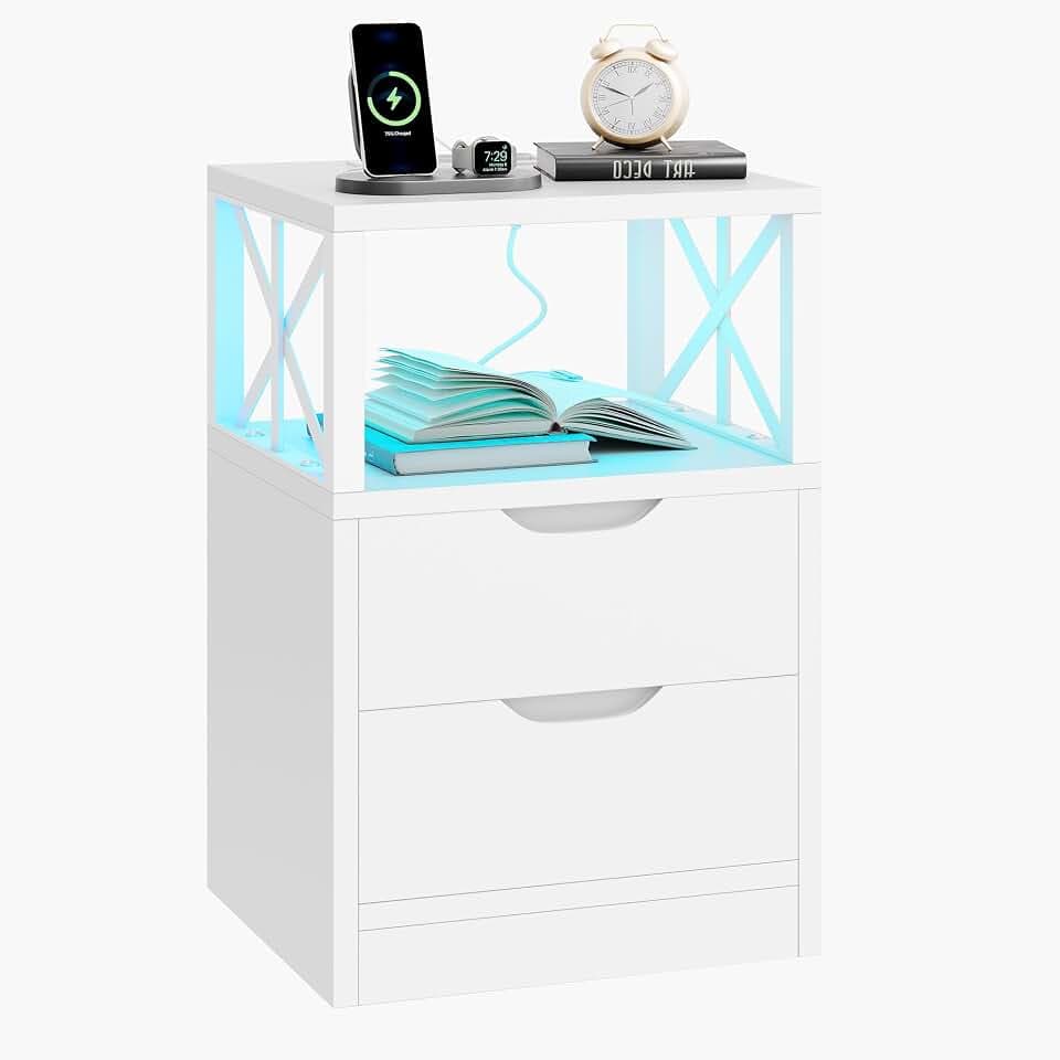 Feonase Nachttisch, Beistelltisch mit Schublade, Nachtschrank mit 2 Schubladen und 1 Fach, Nachttische mit LED-Beleuchtung, 2 AC-Steckdosen und 2 USB-Anschlüssen, für Schlafzimmer, Wohnzimmer, Weiß
